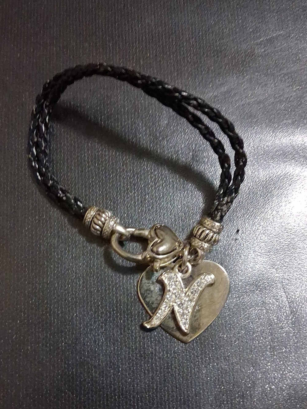 Brighton vintage black Braided Leather Bracelet with Silver Heart and 'N' Charm
